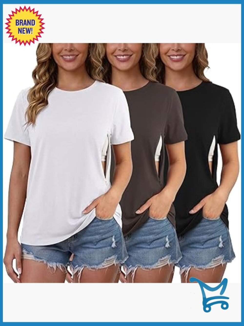 3pk Nursing Shirts with Hidden Zippers Maternity Tops Loose Fit Tees